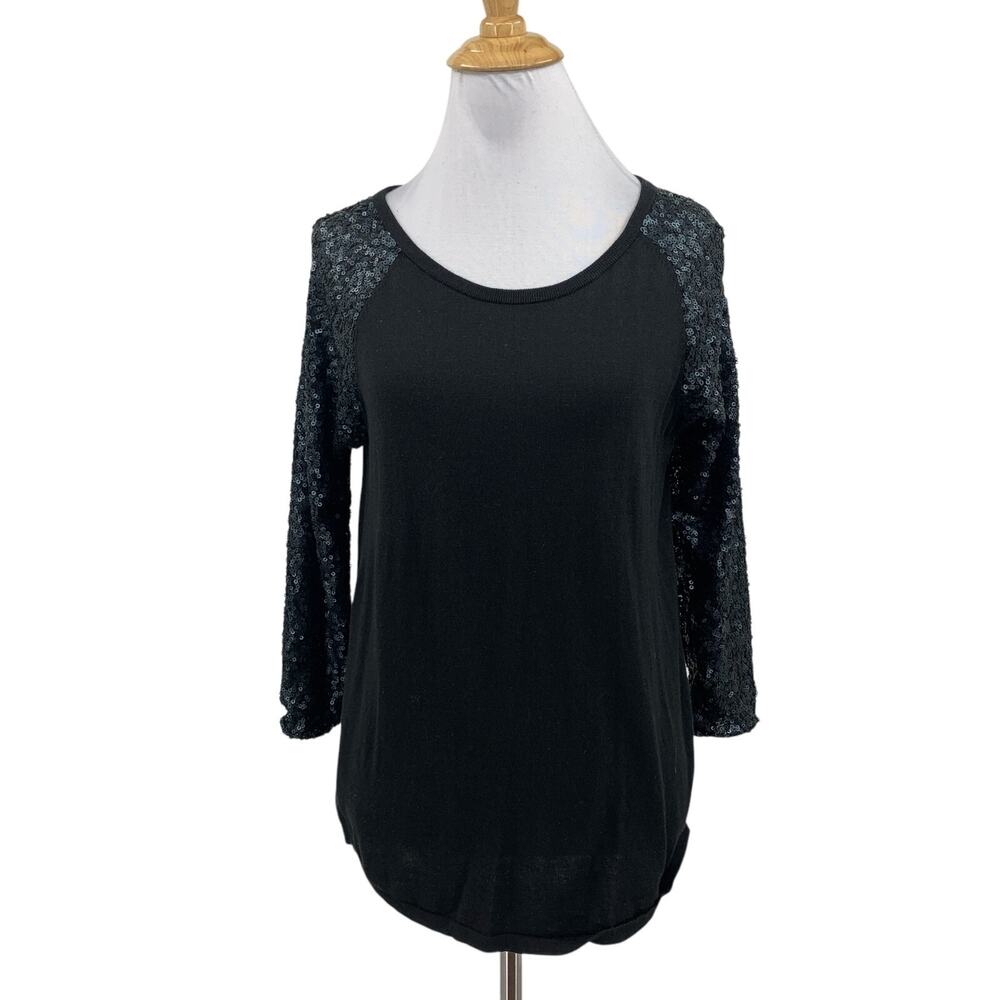 Tommy Bahama Shirt Womens S Small Black Raglan Sequin Quarter Sleeve Scoop Neck